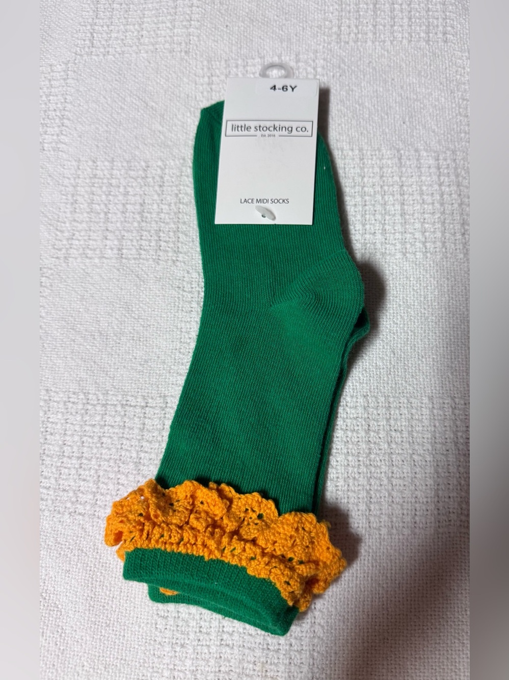 Little Stocking Co. Green Midi Socks with Orange Crochet Trim